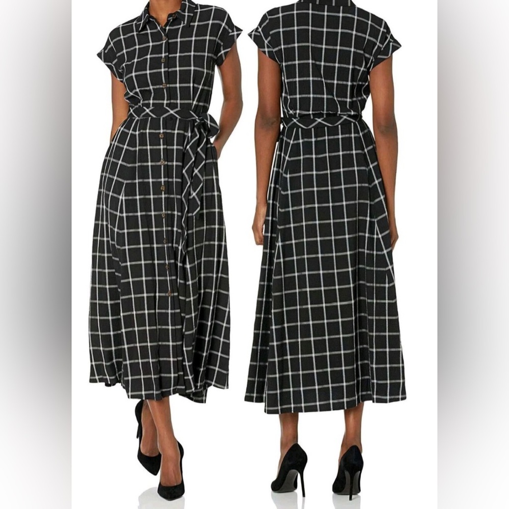 Calvin Klein Gauze Windowpane Shirtdress Size 12 Plaid Midi Belt Short Sleeve